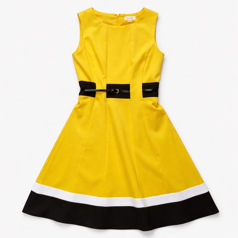 [NWT] 90’s Vintage Calvin Klein Yellow A-Line Dress with Black & White Hem